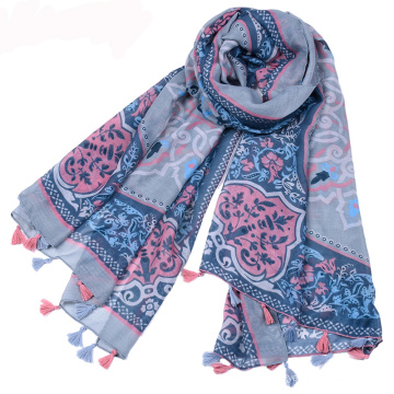 Hot selling bohemia style summer tassels scarf cotton voile printed flower scarf pakistani scarf hijab